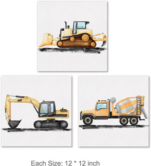 brayqu Set 3 12x12 Inch of Construction Nursery Canvas Wall Art Framed Paintings Prints Watercolor Digger Dump Truck