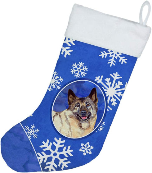 Caroline's Treasures LH9308-CS Norwegian Elkhound Winter Snowflakes Holiday Christmas Stocking - Fireplace Hanging