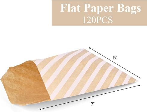 VGOODALL 120PCS Flat Paper Bags, 5 x 7 Inch Popcorn Bags Cookie Bags Kraft Paper Bags Striped Snack Bags Treat Bags for Snacks Cookies