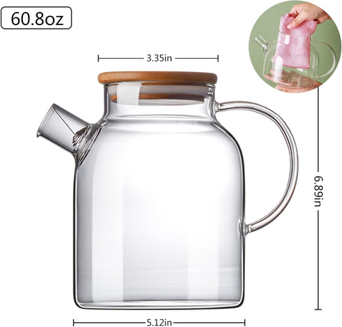 Glass Teapot with Strainer, Stovetop & Microwave Safe Borosilicate Glass Kettle, 60.8oz/1800ml, Wooden Lid