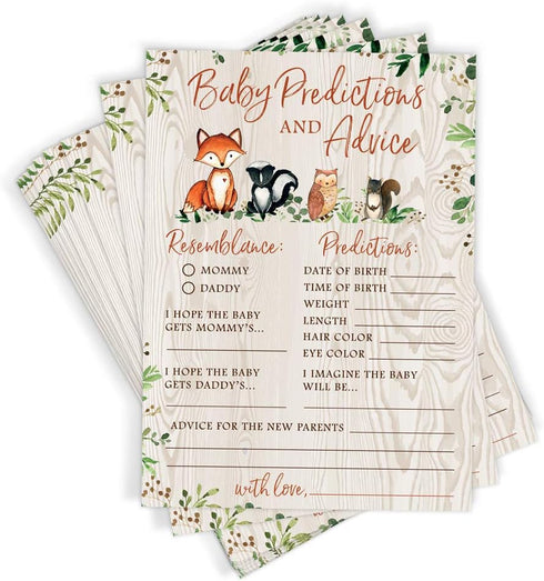 Baby Predictions & Advice for New Parents, Set of 50 Cards, Woodland Baby Shower Activity, Gender Neutral Theme