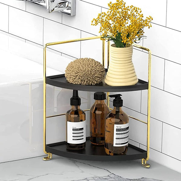 Kitchen Spice Rack Standing Shelf, 2-Tier Corner Storage Shelf, Bathroom Countertop Organizer, Gold & Black