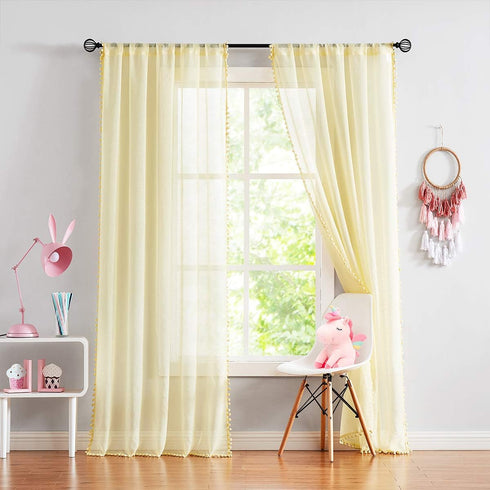 84 inch 2 Treatmentex Pom-pom Sheer Curtains for Living Room, Long Yellow Curtain Drapes for Kids Room Panels Rod