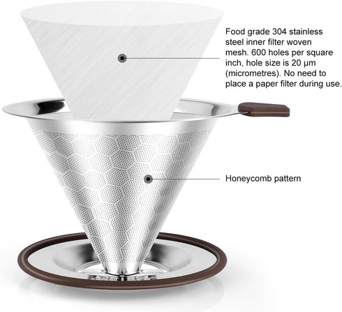 Pour Over Coffee Dripper, Professional Stainless Steel Filter, Paperless Reusable with Spoon and Silicone Tray