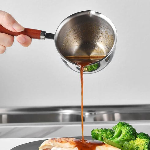 Stainless Steel Saucepan, Non-Stick Multipurpose Sauce Pan with Pour Spout and Wood Handle for Cooking Heating
