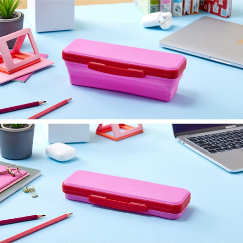 It's Academic Flexi Storage Box with Lid, Compact Collapsible Pencil Case for Craft and School Supplies, Pink and Blue,