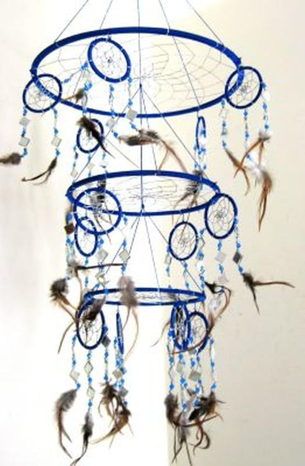 OMA Blue Dream Catcher, 3D Design with Mosaic Glass and Feathers, Large Size - 30" Long x 9" Diameter