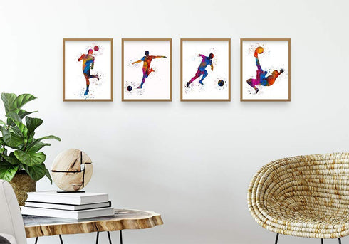 Soccer Player Abstract Sport Wall Art - 8x10" Set of 4 for Male Players, Coaches, and Fans