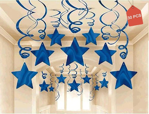 Party Swirl Decorations, Hanging Swirl for Ceiling Decorations, Blue with Star, Pack of 30