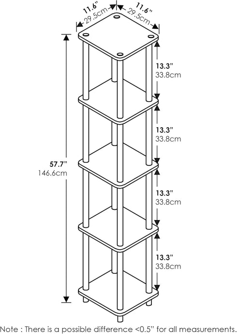 5-Tier FURINNO Turn-N-Tube Corner Square Rack Display Shelf, Round, French Oak Grey/Black