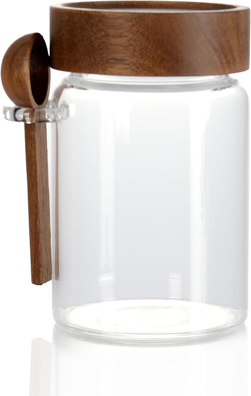 MOLADRI 15 oz/450 ml Glass Storage Canister with Airtight Wooden Lid, Clear Small