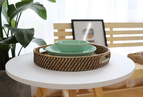 11 inch Round Rattan Tray with Cut-Out Handles, Woven Serving Tray for Dining/Coffee Table