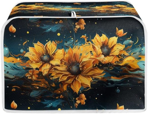 Plus Size 4 Slice Toaster Cover Splash Oil Painting Sunflower, Dust Protection for Microwave Oven (16x16") 2PCS