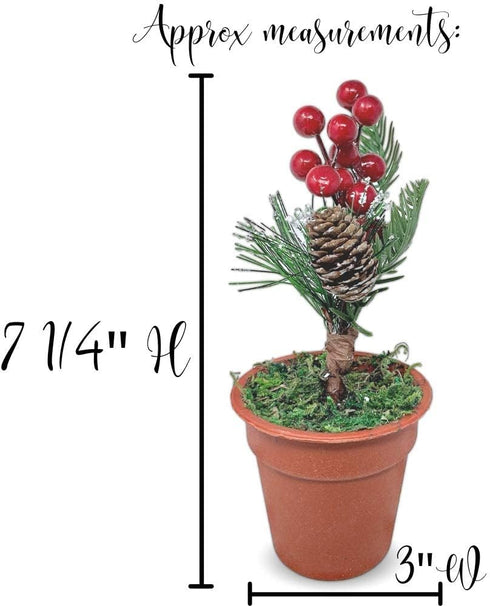 Christmas Tabletop Decorative Pots Set of 3 with Pine Red Berries, Pine Cones Greenery - Snow Flocked Xmas Holiday Decor