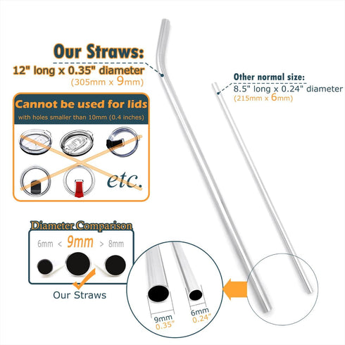 GFDesign Big Drinking Straws, Reusable 12 Inches Extra Long, 9mm Extra Wide, Set of 4 with 2 Cleaning Brushes