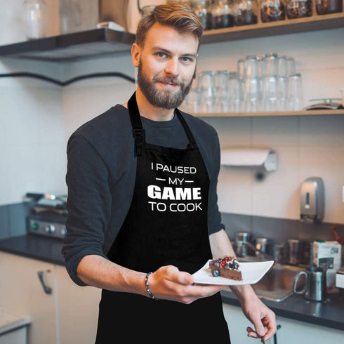 I Paused My Game to Cook - Funny Adjustable Bib Cooking Apron for Men, Women with 3 Pockets
