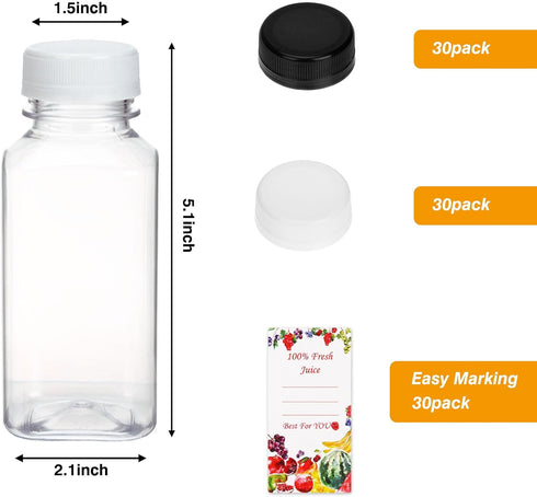 30pcs 8oz SUPERLELE Plastic Juice Bottles with Black and White Caps, Reusable Juice Containers with Lids for Juicing