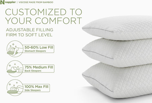 Set 2 Nappler Cooling Pillow for hot Sleepers -Bed Pillows Standard Size Premium of - Adjustable Shredded Memory Foam