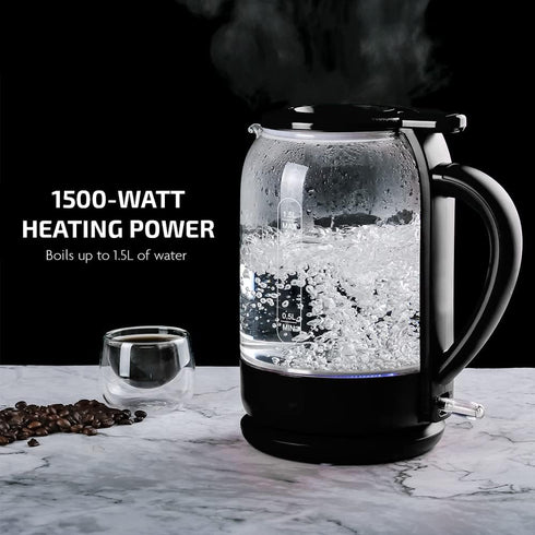 OVENTE Electric Glass Kettle 1.5 Liter, 1500W Instant Hot Water Boiler with ProntoFill Tech, Black KG516B
