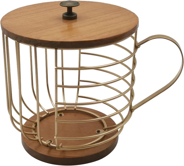 Large Capacity Wire Kup Storage with Wooden Base, Mug Shape Wire Basket with Lid for Kitchen Decor