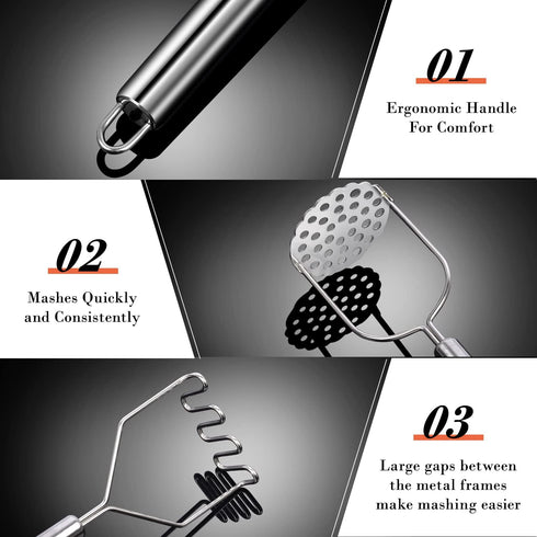 2 Pack Potato Masher, Sopito Stainless Steel Integrated Kitchen Tool Food Masher for Potatoes, Vegetables, Berries