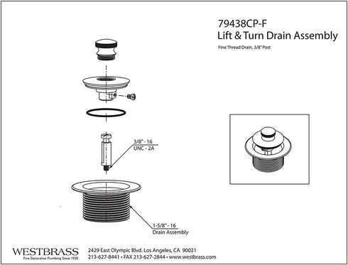 Westbrass 1-1/4" NPSM Fine Thread Twist & Close Bath Drain Plug, Polished Chrome