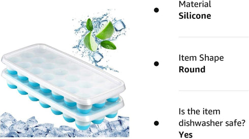 Ice Cube Trays with Easy Release - Odor Free, Spill Resistant Lid, 2 Pack, Stackable 42 Cubes, Silicone (Blue)