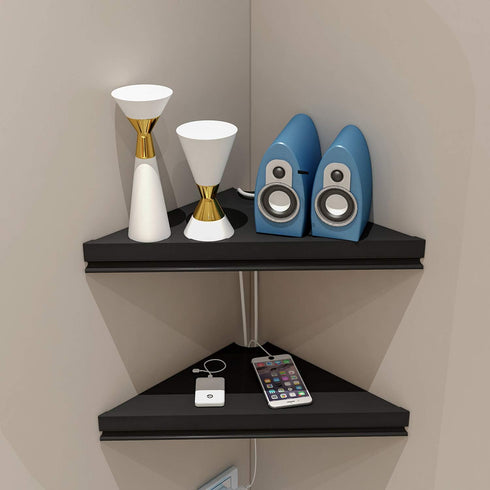 evron 2 Pack) Wall Mount Corner Shelf,Easy to Install Metal Front Floating Corner Shelves with Self-Adhesive Tapes,Wood