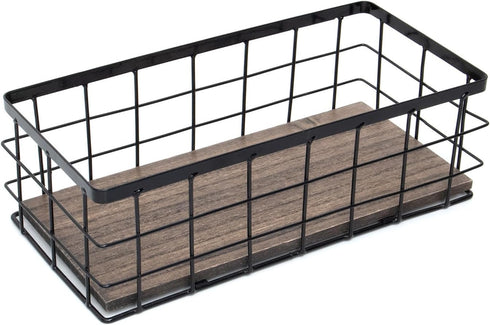 ROSE BLOOM Small Metal Wire Storage Basket, Decorative Wood Base Organizer for Bathroom, Kitchen, Laundry Room (1 Pack)
