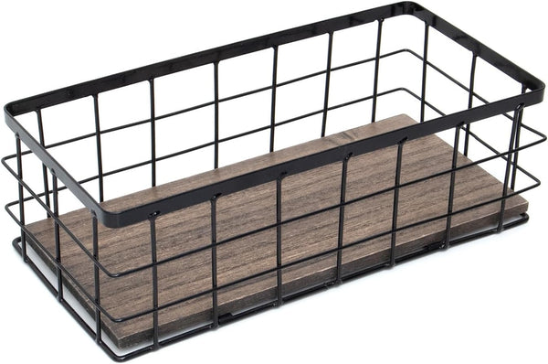ROSE BLOOM Small Metal Wire Storage Basket, Decorative Wood Base Organizer for Bathroom, Kitchen, Laundry Room (1 Pack)