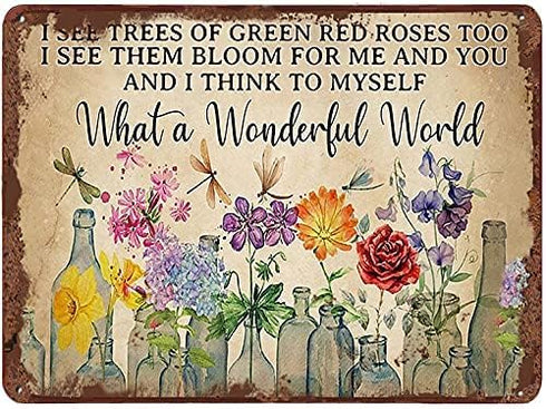 Dragonfly What A Wonderful World Flowers - Funny Metal Tin Sign Wall Decor, Retro Tin Sign Vase Flowers Poster
