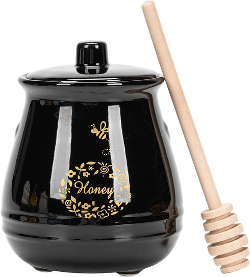 Kosmeey Ceramic Honey Jar with Wooden Honey Dipper-Honey Pot with Dipper- Honey Jar with Stand, Great Bee Decor