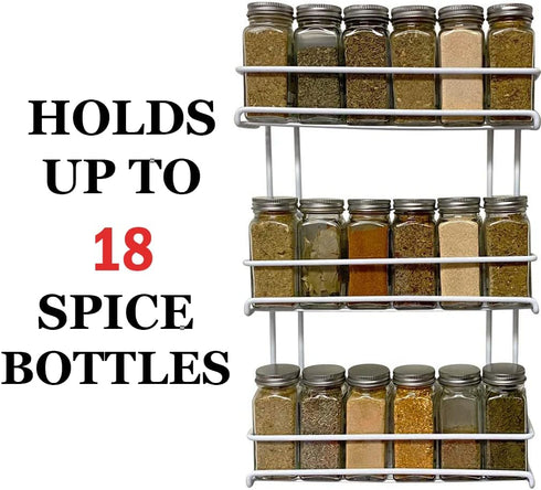Evelots 3-Tier Spice Rack, Door/Wall Mounted, Sturdy Coated Metal, Holds Up to 18 Bottles