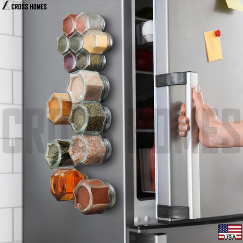 CROSS HOMES Pack 21 Set (6 4 oz 15 2 oz) Magnetic Spice Jars Combo Large + Small Refrigerator Hexagon Glass Spice Jar