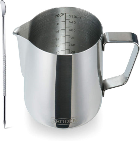 Milk Frothing Pitcher, Thicker Version 20oz Stainless Steel Steaming Pitchers, Barista Tools with Decorating Pen