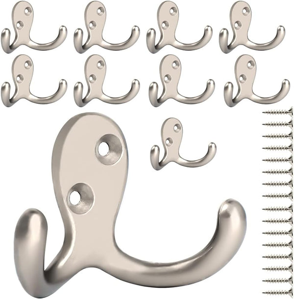 IBosins 10 Pack Heavy Duty Double Prong Coat Hooks, Wall Mounted with 20 Screws for Coat, Scarf, Bag, Towel, Key