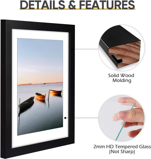 Golden State Art 11x14 Black Photo Wood Frame with Real Glass and White Mat for 8x10 Picture