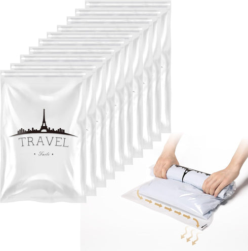 TAILI 10 Pack Travel Compression Bags, Clear Roll Up Space Saver Bags (23.6x15.7 inch), Hand Roll Packing Bags for