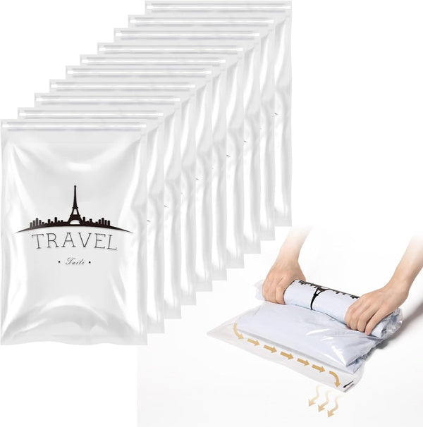TAILI 10 Pack Travel Compression Bags, Clear Roll Up Space Saver Bags (23.6x15.7 inch), Hand Roll Packing Bags for