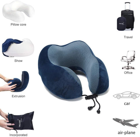 Travel Pillow - Best Memory Foam Neck Support for Sleeping, Airplane, Car & Home Use (Dark Blue)