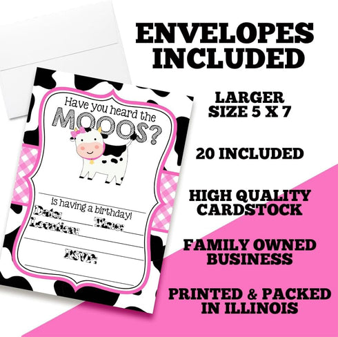 Heard the Moos Pink Cow-Themed Birthday Party Invitations for Kids, 20 Fill In Cards with Envelopes by AmandaCreation