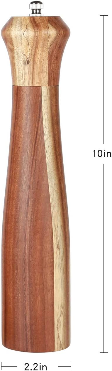 KKC HOME ACCENTS Wooden Pepper Grinder Mill, Refillable Pepper Mill, Acacia Wood, 10 Inch