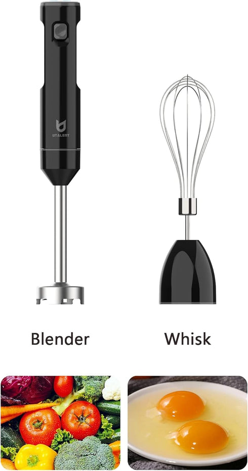 Cordless Hand Blender by UTALENT, Variable Speed Immersion Blender, Black with Fast Charger, Egg Whisk for Smoothies