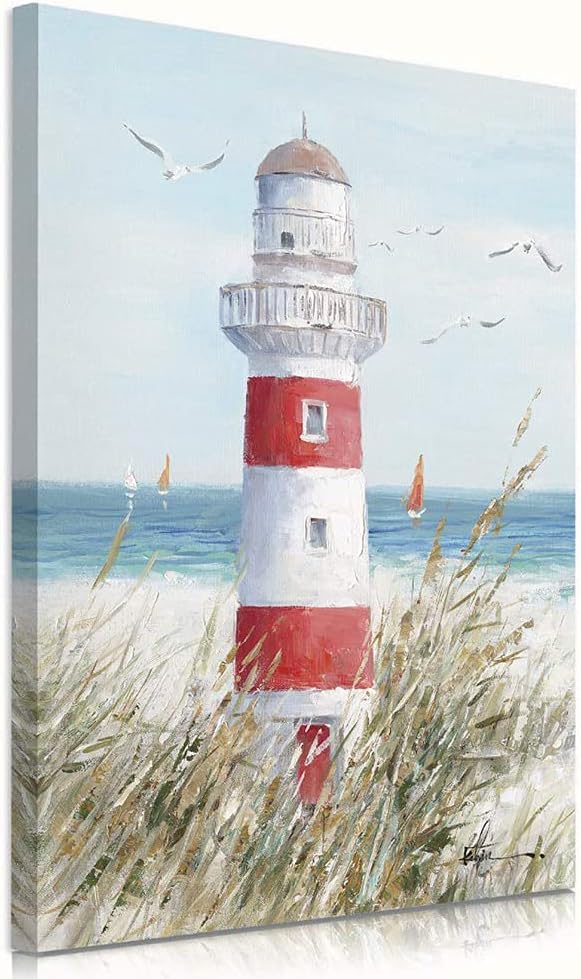 Beach Decor Lighthouse Wall Art - 12" x 16" Framed Seagull Canvas Prints for Home Living Room Office