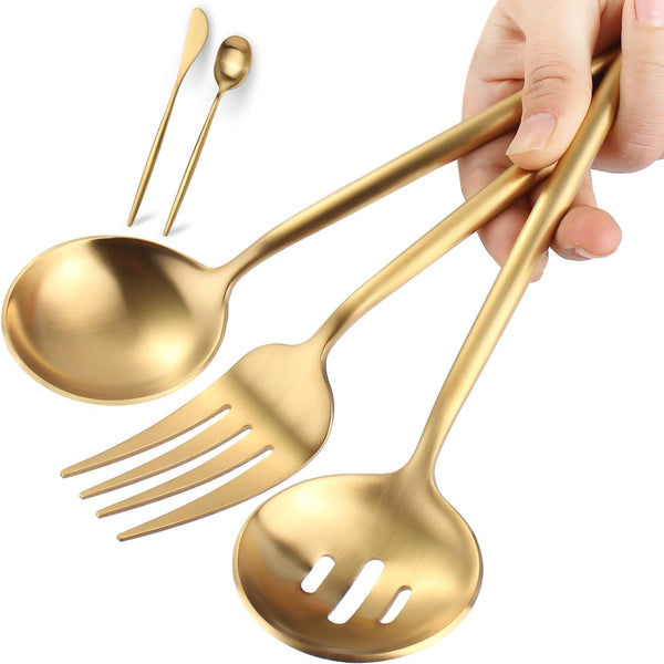 Large Serving Utensils Set, 5 Pcs Stainless Steel Gold Utensils with 10.8 Inch Fork, 10.3 Inch Spoon, Slotted Spoon,