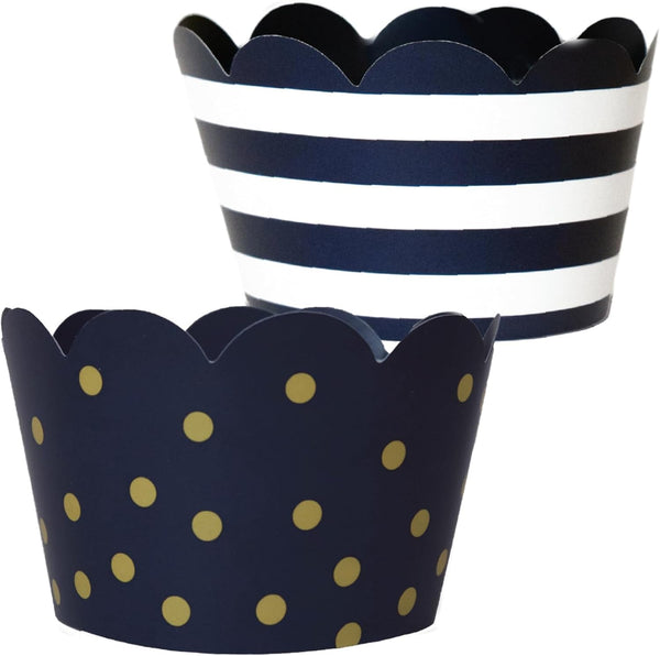 Navy Blue and Gold Cupcake Wrappers - 24 Count Reversible Party Decoration Supplies for Nautical Baby Shower, Military