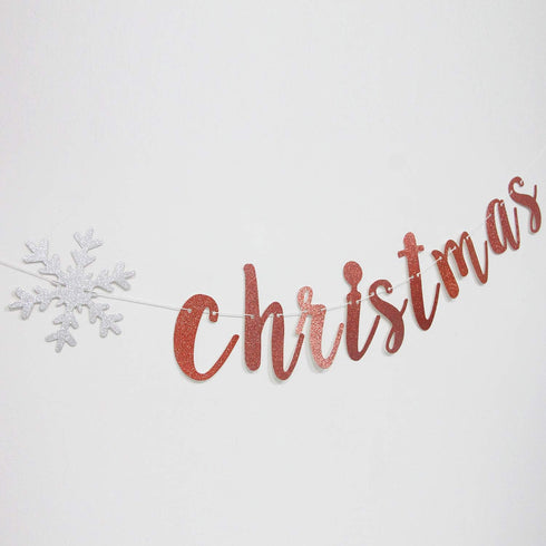 Rose Gold Glitter Merry Christmas Banner - Great for Holiday Home Mantle Fireplace Party Decorations