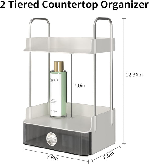 Bathroom Counter Organizer, 2 Tiered Countertop with Drawer for Makeup and Skincare Storage, Desktop, Bathroom (White)