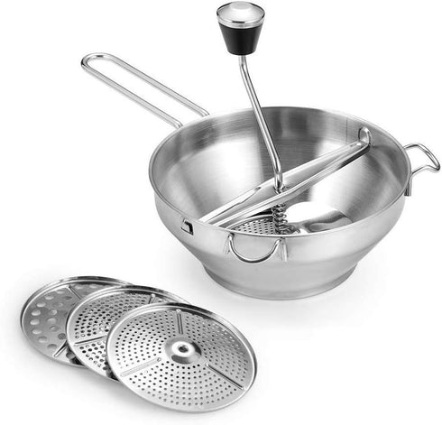 Rotary Food Mill Potato Ricer with 3 Disks, Great for Puree or Soups, Stainless Steel 2-Quart Kitchen Mill, Easy Clean