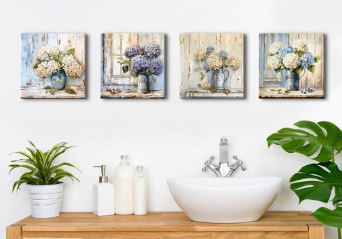 Rustic Hydrangea Wall Art, Blue and White Flowers Canvas Picture, Vintage Botanical Floral Posters for Living Room